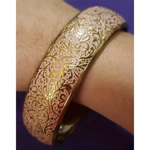 Ornate Scrollwork Embossed Chunky Wide Gold Tone and Light Pink Bracelet - Picture 1 of 6